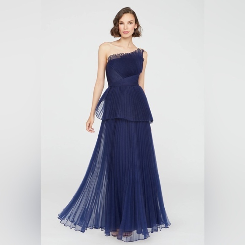 Theia Delphine Pleated One-Shoulder Organza Gown Size 12